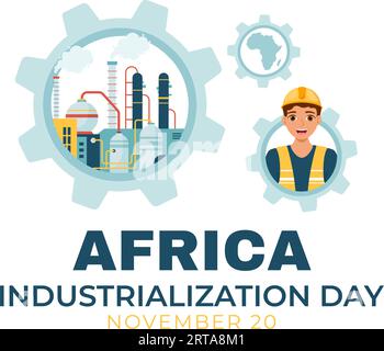 Afrikanische Industrialisierungstag Vektor-Illustration des Fabrikgebäudes, das mit Schornsteinen im Zentrum der Stadt in flachem Karikaturhintergrund arbeitet Stock Vektor