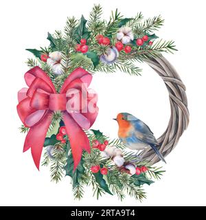 Weihnachtskranz mit Weihnachtsstern, Baumwolle und robin. Mistel- und Tannenzweige. Aquarell-Illustration auf weißem Hintergrund. Neujahr und Änd Stockfoto