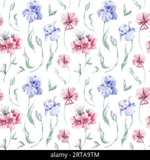 Nahtloses Muster mit Blumen. Aquarellzeichnung. Iris Stockfoto