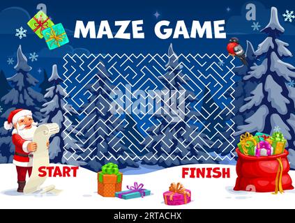 Weihnachtliches Labyrinth. Finden Sie Weg Kind Quiz, suchen Sie Pfad aus Labyrinth Quiz Vektor Arbeitsblatt oder Kinder Labyrinth mit Santa Claus Charakter Lesen Wunschliste und Weihnachtsgeschenke in roten Sack oder Tasche Stock Vektor