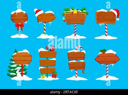 Hölzerne Weihnachtsschilder. Nordpol und Feiertagsschilder. Vector Xmas setzt Straßenzeiger mit weihnachtsmannhüten, Zuckerstangen, Bullfinch und Tannenzweigen. Neujahrsweihnachtsspiel Holzbanner Stock Vektor