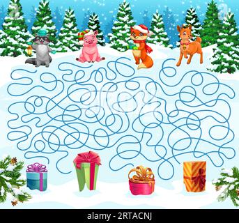 Das Labyrinth des Weihnachtslabyrinths hilft lustigen Tieren, ihre Geschenke zu finden. Kindervektorspiel-Arbeitsblatt mit niedlichem Karikaturraccoon, Schwein, Fuchs und Hirsch, die den richtigen Weg suchen, um im Winter im verschneiten Wald Geschenke zu machen Stock Vektor