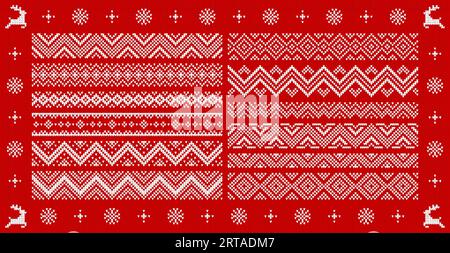 Weihnachtliche Strickbordüren, Rahmen und Muster. Winterferien, weihnachtliche Spacer oder Vektorränder mit hässlichen Strickmustern, Strickstruktur. Weihnachten Winter Urlaub Wolle Pullover Muster Linien Set Stock Vektor
