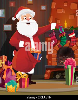 Weihnachtsmann in der Nähe des Kamins bringt Geschenke zu Weihnachtsstrümpfen, Winter Weihnachten Weihnachten Inneneinrichtung. Vector-Abend-Szene mit Vater Noel, der Geschenke in die hängenden Socken im dekorierten Wohnzimmer bringt Stock Vektor