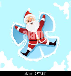 Santa Snow Angel. Comic lustiger Weihnachtsmann breitet sich freudig im frischen Schnee aus, Arme und Beine sind ausgestreckt und kreieren mit seinem flauschigen weißen Bart und seinem roten Anzug eine engelhafte Form gegen die Winterlandschaft Stock Vektor