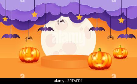 Happy Halloween Banner oder Party Einladung Hintergrund mit Wolken, Fledermäuse, Mond, Kürbisse und Spinnen in Papier geschnitten Stil. Orange 3D-Podium für halloween. Stock Vektor