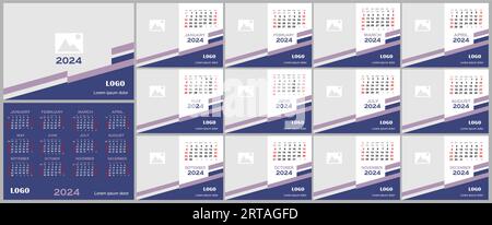 Monatliche Kalendervorlage für 2024-Jahres-Vektor. Stock Vektor