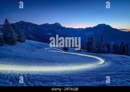 Person fährt im Scheinwerferlicht mit Schlitten von Farrenpoint, Farrenpoint, Bayerische Alpen, Oberbayern, Bayern, Deutschland Stockfoto