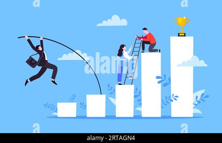 Geschäftsmann springt Stabhochsprung über Diagrammbalken flache Design Vektor-Illustration Stock Vektor