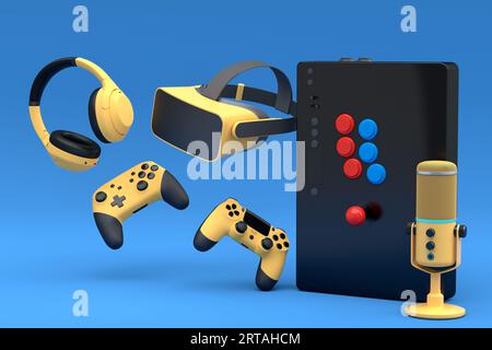 Spielerausrüstung wie Maus, Mikrofon, Joystick, Kopfhörer, Vintage-Arcade-Stick und VR-Brille auf blauem Hintergrund. 3D-Rendering von Zubehör für Stockfoto