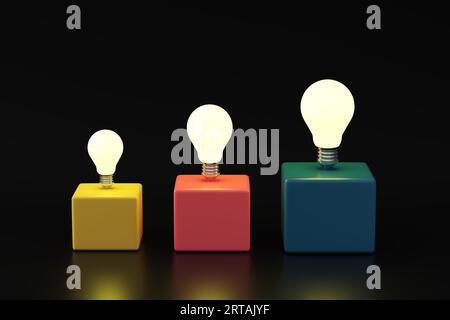 Beleuchtete Glühbirnen auf bunten Würfeln. Kreative Ideenentwicklung. Kreatives Denken, Innovation und Brainstorming. 3D-Rendering. Stockfoto