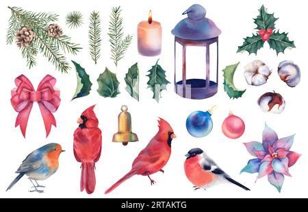 Silvester-Set aus Stierflossen, Kardinalvogel, robin, Mistel, Tannenzweigen und -Kegeln, Bogen, Laterne und Kerze, Baumwolle, Poinsettia, Weihnachtskugeln und Stockfoto