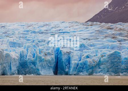 Die kalbende Front des Gray Glacier mit hellblauem Eis und Rissen und Rissen in stimmungsvollem Licht, Torres del Paine Nationalpark, Chile, Patagonien Stockfoto