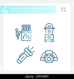 Set aus 2D-bearbeitbaren Pixelsymbolen für perfekte Wanderausrüstung Stock Vektor