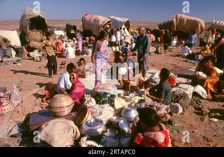 Indien: Vorbereitung des Abendessens in einem Pilgerlager, Poornima Festival in der Nähe des Yellamma-Tempels, Saundatti, Karnataka (1994). Jedes Jahr versammeln sich im Hindumonat Magh (Januar bis Februar) mehr als eine halbe Million Menschen um den winzigen Tempel der Göttin Yellamma in Saundatti. Yellamma ist die Schutzpatronin der Devadasi oder der Frauen, die dem Dienst an einer Gottheit oder einem Tempel gewidmet sind. Stockfoto