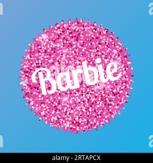 September 2023. Barbie-Puppe. Barbie-Inschrift auf einem Hintergrund aus rosa Glitzern. Glitzereffekt. Sticker.Editorial. Vektor Stock Vektor