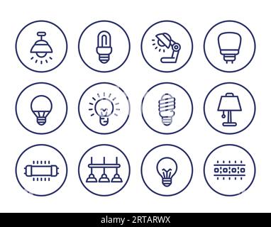 Glühlampen, Beleuchtung und Leuchtensymbole werden eingestellt Stock Vektor