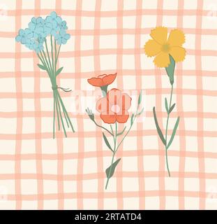 Karierte Tapete aus Cottagecore mit Karomuster und roten gelben und blauen Blüten. Hand gezeichnete Doodle Blumen Cottagecore Chintz rustikaler botanischer Hintergrund Stock Vektor
