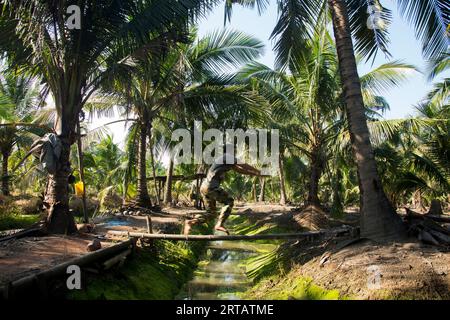 Samut Songkhram, Thailand; 1. Januar 2023: Ein junger Bauer, der auf einer Bio-Kokosnussplantage arbeitet. Stockfoto