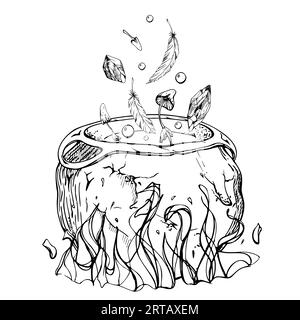 Hand gezeichneter Tintenvektor Hexenkessel auf Feuerbrautrank. Sketch Illustration Kunst für Halloween Party, Hexerei. Isolierte Kompositionsstruktur Stock Vektor