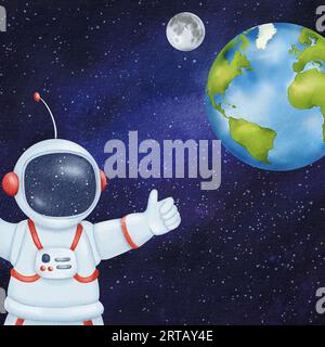 Postkarte zum Kosmonautik-Tag. Ein Kosmonaut feiert den Planeten Erde. Um den Planeten herum im sternenklaren dunkelblauen Kosmos, der Satellit - der Mond - Stockfoto