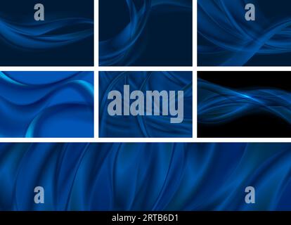 Set aus dunkelblauen abstrakten, glatten, welligen Hintergründen. Hochglanz-Flüssigwellen-Vektorset-Design Stock Vektor