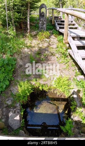 Vltava-Quelle mit einer hölzernen Statue der Vltava bei Kvilda im Nationalpark Šumava im Böhmischen Wald in der Tschechischen Republik Stockfoto