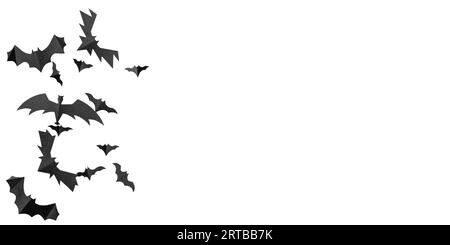 Schwarze Papierfledermäuse fliegen über weißem Hintergrund. Stockfoto