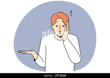 Der betäubt junge Mann fühlt sich schockiert über unglaubliche Nachrichten. Erstaunt männlich überrascht von unerwarteten Informationen oder Daten. Vektorgrafik. Stock Vektor