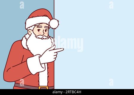 Der weihnachtsmann zeigt mit dem Finger auf ein leeres Banner mit Platz für Ihre weihnachtswerbung. Santaclaus empfiehlt, auf leere Reklametafeln für weihnachtsverkäufe zu achten. Stock Vektor