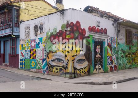 Street Art im Candelaria-Viertel von Bogota, Kolumbien. Stockfoto