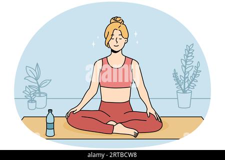 Ruhige junge Frau in Sportkleidung, die zu Hause auf der Matte sitzt und Yoga praktiziert. Lächelndes, entspanntes Mädchen meditiert drinnen. Meditation und Stressabbau. Vektorgrafik. Stock Vektor