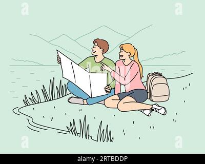 Glückliche Paare von Reisenden sitzen auf dem Rasen während der Wanderung im Nationalpark mit See und halten Karte in den Händen. Fröhlicher Mann und Frau machten eine Wanderung für Abenteuer und neue positive Emotionen Stock Vektor