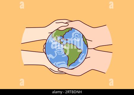 Globus in Händen von zwei Menschen, die sich um den Planeten Erde kümmern und die Natur vor Verschmutzung und Klimawandel retten wollen. Miniatur-Globus zur Werbung für Umweltinitiativen zur Verringerung der co2-Emissionen Stock Vektor