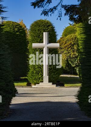 Ein markantes Kreuz vor grünen Thuja-Pflanzen und Bäumen, Sara Braun Friedhof, Punta Arenas, Chile, Patagonien Stockfoto