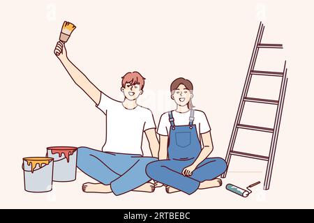Das Paar macht Reparaturen in der Wohnung mit eigenen Händen und sitzt auf dem Boden in der Nähe von Leiter und Eimer mit Farbe für das Bemalen von Wänden. Fröhliche Männer und Frauen freuen sich über die Gelegenheit, im Zimmer selbst zu reparieren Stock Vektor