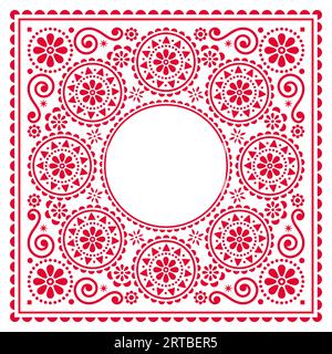 Valentinstag Vektor-Grußkarte oder Hochzeitseinladung mit Blumenrahmen und Platz für Text - skandinavisches Volkskunstmuster mit Hören Stock Vektor