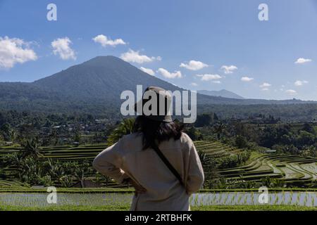 Ein indonesisches Mädchen, das die atemberaubende Landschaft der UNESCO-Reisterrassen in Jatiluwih, Bali, Indonesien, genießt. Stockfoto