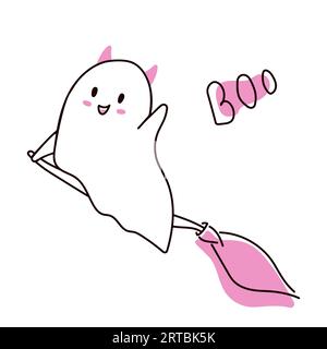 Halloween-Geist mit fliegendem Besen im Doodle-Stil. Vektorillustration isoliert auf weißem Hintergrund. Stock Vektor
