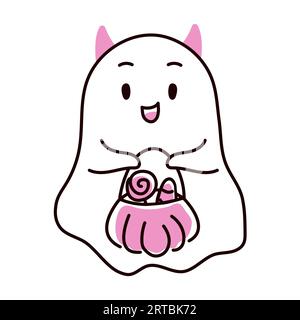 Geister mit Hörnern und einem Korb mit Süßigkeiten im Doodle-Stil. Vektorillustration isoliert auf weißem Hintergrund. Stock Vektor