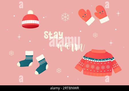 Bleib warm, Kleidung, Accessoires Wintersocken, Pullover, Hut. Vektorillustration Stock Vektor