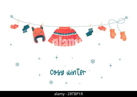 Bleib warm, Kleidung, Accessoires Wintersocken, Pullover, Hut. Vektorillustration Stock Vektor