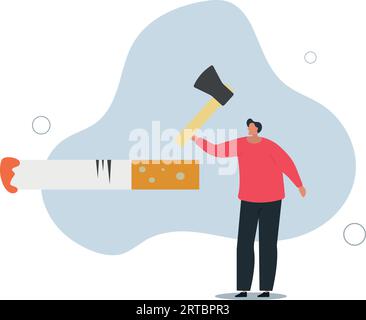 Mann, der eine Axt benutzt, um die Zigarette zu schneiden, definiert für einen Mann, kämpft dafür, mit dem Rauchen aufzuhören. Hören Sie auf zu rauchen Poster für die Sensibilisierungskampagne. Flache Vektor-Illustration Stock Vektor