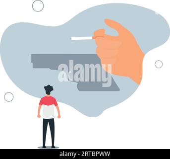 Kein Bannerdesign für den Tabaktag. Hand hält Zigarette und Schatten der Hand verwandelt sich in eine Waffe, um die Gefahren des Rauchens zu vermitteln.flache Vektor-Illustration. Stock Vektor
