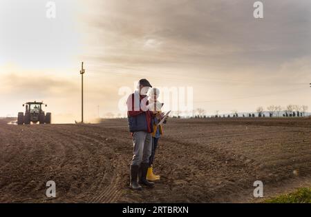 Reifen Bauern Mann und Frau, die auf dem Feld stehen und das Tablet betrachten, während der Traktor im Hintergrund pflügt Stockfoto