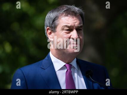 München, Deutschland. September 2023. Markus Söder (CSU), Ministerpräsident Bayerns, nimmt nach einem gemeinsamen Kabinettsgespräch mit dem Bundeskanzler Österreichs im Hofgarten an einer Pressekonferenz Teil. Quelle: Sven Hoppe/dpa/Alamy Live News Stockfoto