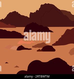 Marslandschaft, außerirdischer Planetenhintergrund, rote Wüstenoberfläche mit Bergen. Mars außerirdischer Computerspielhintergrund, Zeichentrickvektor-Illustration. Stock Vektor