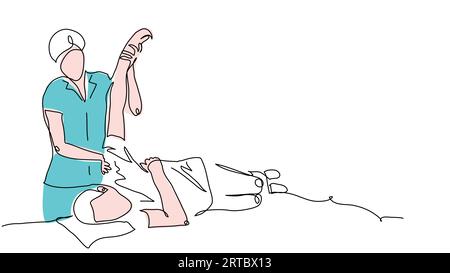 Rehabilitationstherapie, Massagen auf dem Tisch. Physiotherapie-Behandlungsvektorillustration. Eine durchgehende Linienzeichnung mit Massagen auf einem Tisch Stock Vektor