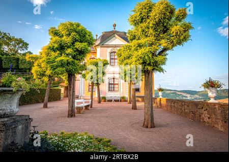 Blick auf die Rokoko-Burg auf dem Burggelände der Dornburger Burgen bei Jena, Dornburg-Camburg, Thüringen, Deutschland Stockfoto