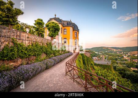 Blick auf die Rokoko-Burg auf dem Burggelände der Dornburger Burgen bei Jena, Dornburg-Camburg, Thüringen, Deutschland Stockfoto